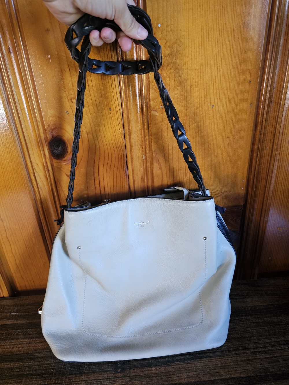Frederic Cream Leather Shoulder Tote with Black Braided Handles